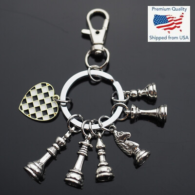 Chess Pieces King Queen Rook Knight Bishop Pawn Keychain Black White Heart Board