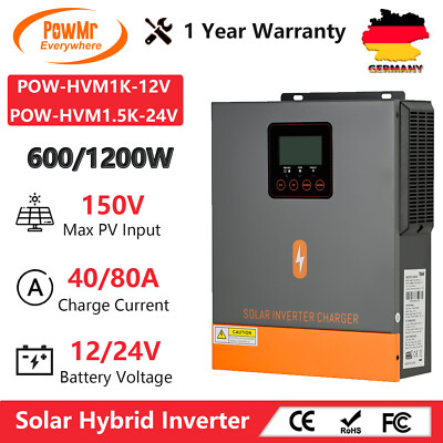 PowMr 1000W/1500W 12/24V Solar Hybrid Wechselrichter Reinen Sinus MPPT 40/80A DE