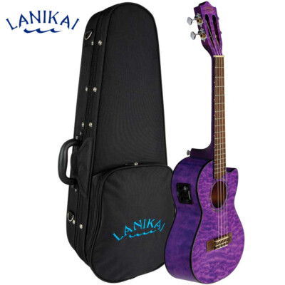 Lanikai QM-PUCET Quilted Maple Purple Stain Tenor A/E Ukulele with Foam Case