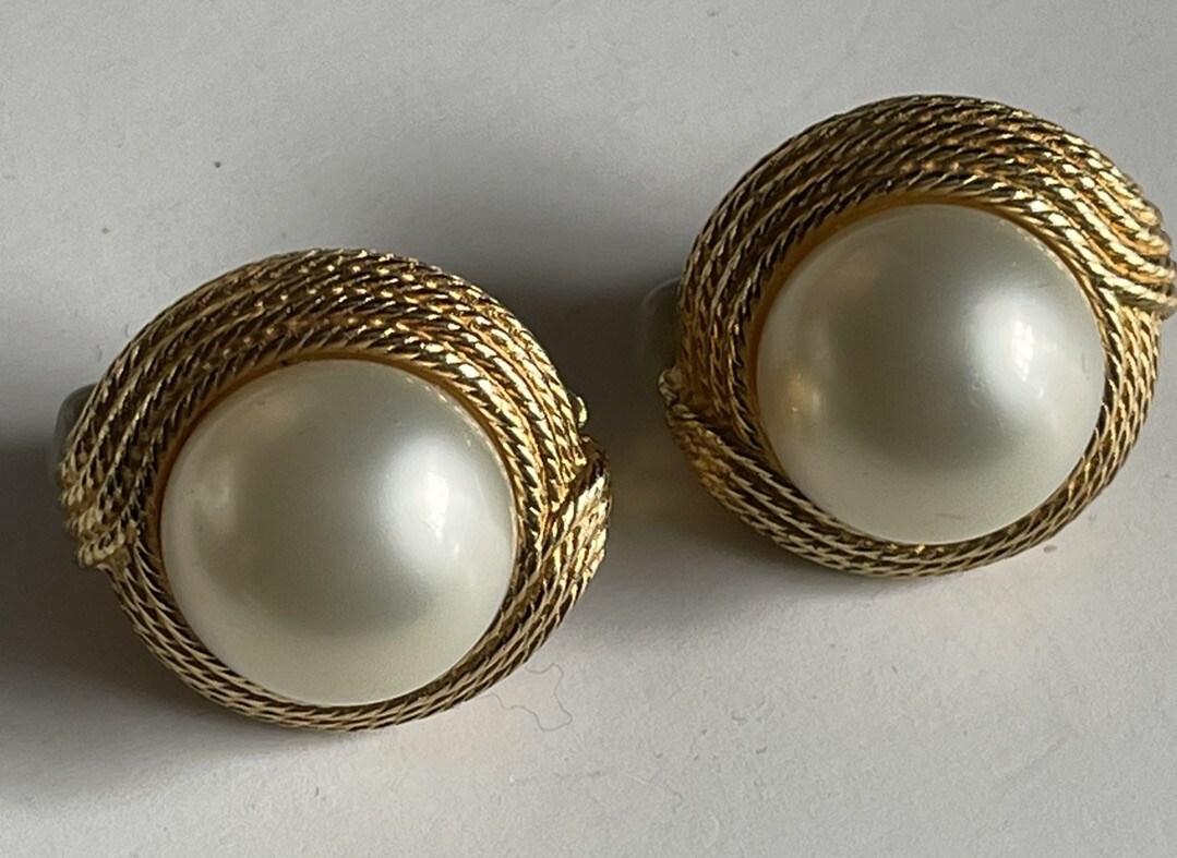 Vintage Siner Signed Faux Pearl Gold Tone Earrings | eBay