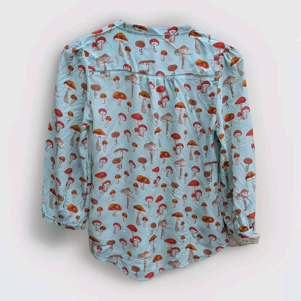 Moulinette Soeurs 100% Silk Sz 2 Mushroom Print Bow Neck Blouse Top Anthropolog - Image 3 of 4