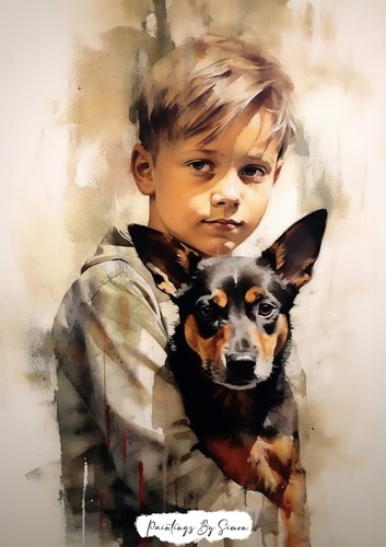 Heartwarming Traditional Watercolor Boy and Dog Painting Print 5"x7" on Paper - Picture 3 of 6