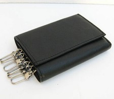 Black Genuine Leather Keychain Holder Trifold Coin Key Ring Wallet