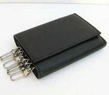 Black Genuine Leather Keychain Holder Trifold Coin Key Ring Wallet
