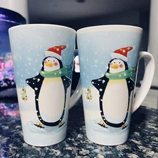 Set Of 2 Produced for Designpa.c Inc Penguin Santa's Hat Ceramic Tall Coffee Mug