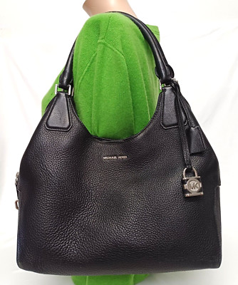 MICHAEL KORS CAMILLE BLACK PEBBLED LEATHER SHOULDER HANDBAG