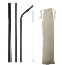 4pc Stainless Steel Metal Black Drinking Straw Kit, inc Extra Wide Brush & Pouch