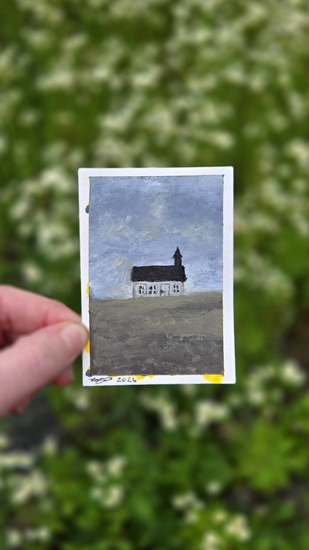 Original ACEO Acrylic Painting House On Field, 2.5x3.5 Inches Bugsandskulls