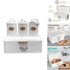 SOTECH Large White Bread Box with 3 Jars Set Metal