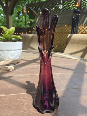 Vintage Amethyst Purple Swung Glass Vase Five Finger Diamond Point Base 11.5 