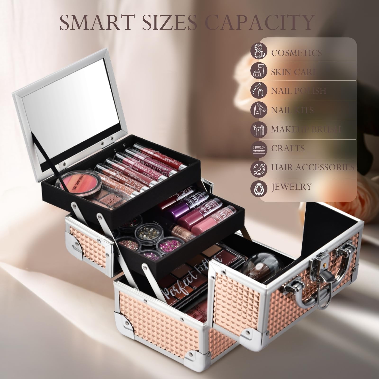 Makeup Case Train Portable Box with Mirror Lock Travel Cosmetic Cases Hard