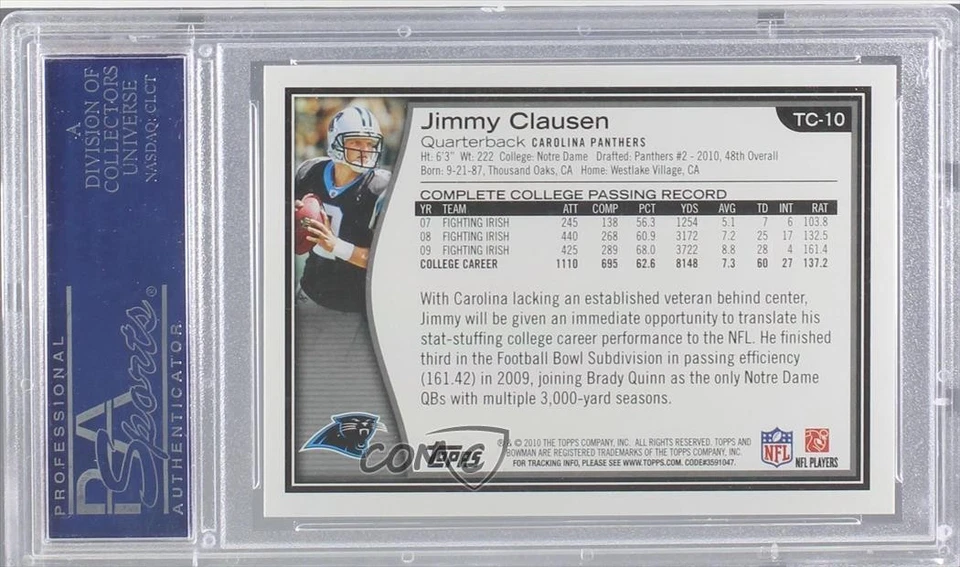 2010 Topps Bowman Rookies Target Silver Jimmy Clausen #TC-10 PSA 9 MINT RC - Image 2 of 2
