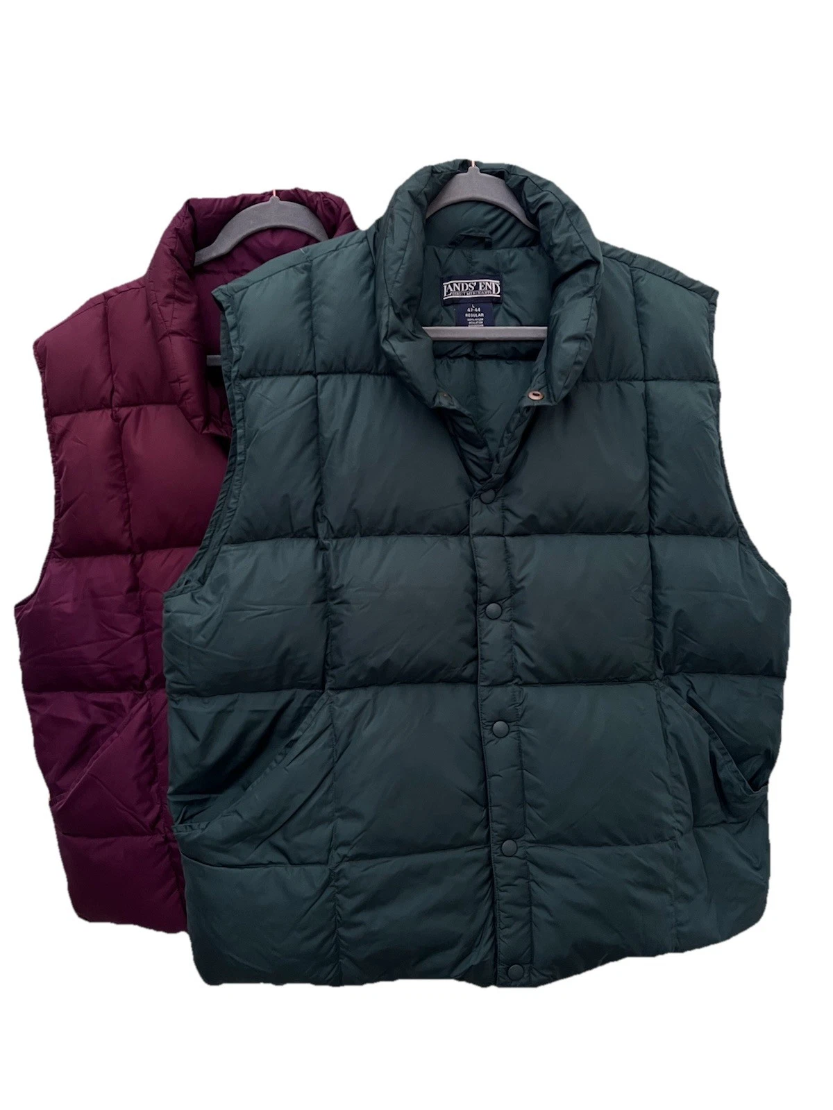 Lot 2 Land’s End Men’s Large Down Puffer Nylon Vest Emerald Green & Wine 42-44