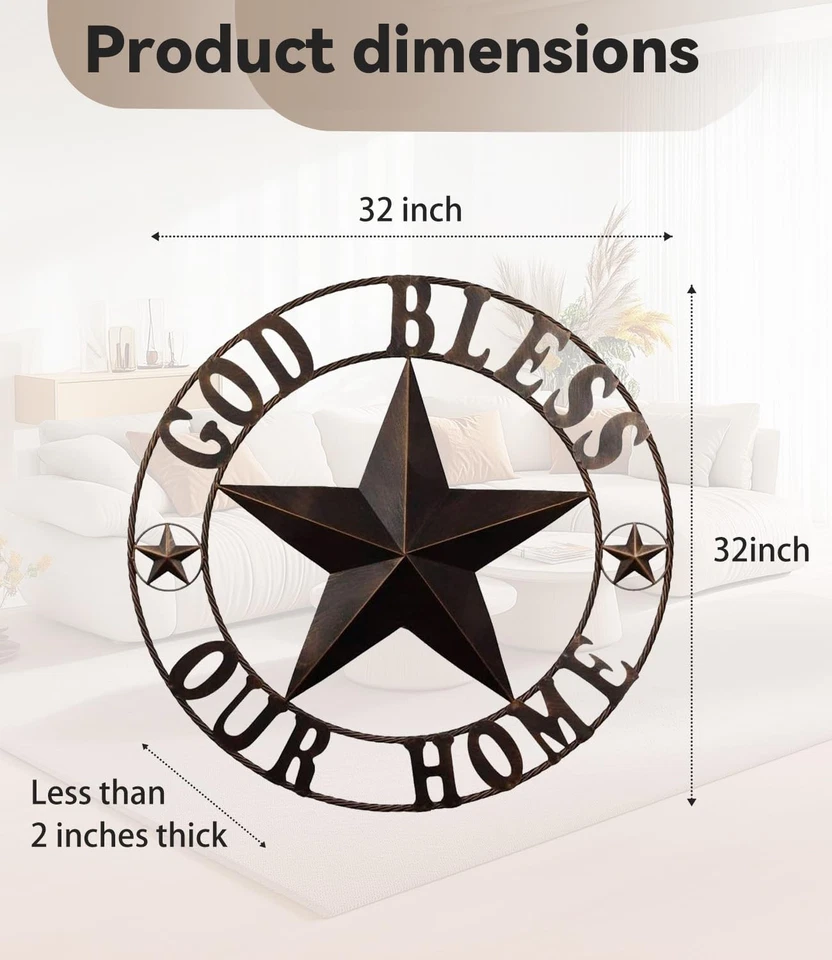 Texas Star Decor, Metal Wall Decor 32’’, Iron Texas Metal Star Rustic Vintage... - Image 2 of 4