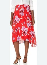 Calvin Klein Midi Skirt 3X Red Floral Pleated High Low Hem Pull On Lined Boho