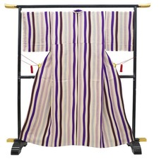 Hand-dyed Komon Kimono Silk Casual Beige  Purple Striped Pattern Made in Japan