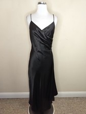 Nox Vintage Black Satin Maxi Slip Dress Medium Faux Wrap Flowy Asymmetric USA