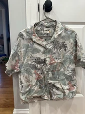 C&C California Womens 100% Linen Button S/S Floral Beach Hawaiian Shirt Medium