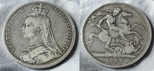 1889 Solid Silver Crown Coin Queen Victoria Georges & Dragon St Day Antique Old