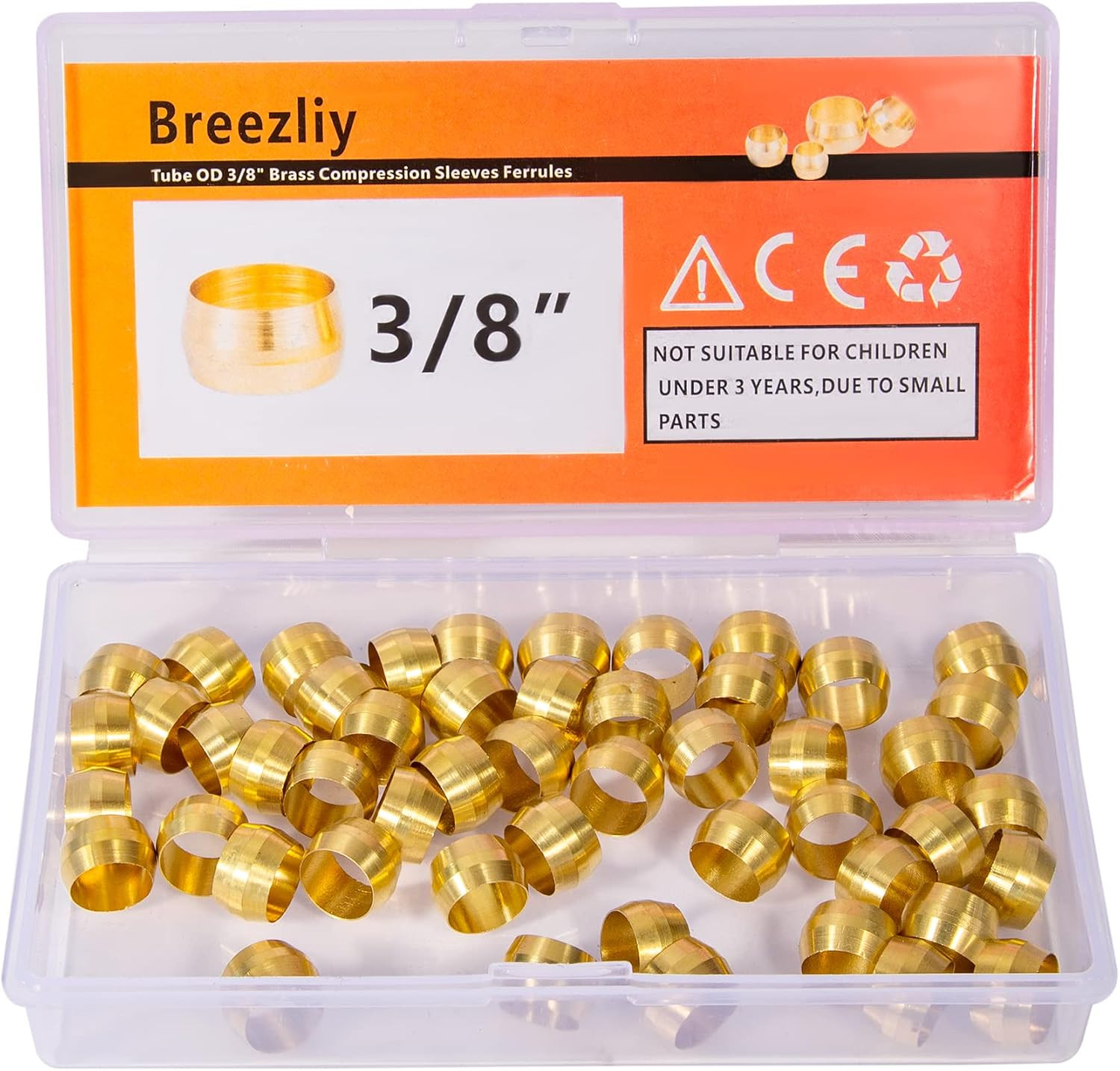 50PCS Tube OD 3/8" Brass Compression Sleeves Ferrules,Brass Compression Fitting