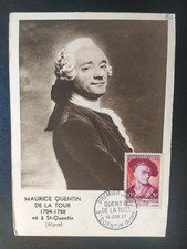 CARTE MAXIMUM TIMBRE QUENTIN DE LA TOUR N° 1110 OBLITÉRÉ SAINT QUENTIN 1957