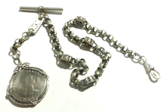 VINTAGE SILVER POCKET WATCH CHAIN T BAR 1963 TWO SHILLINGS FLORIN COIN FOB 41.9G