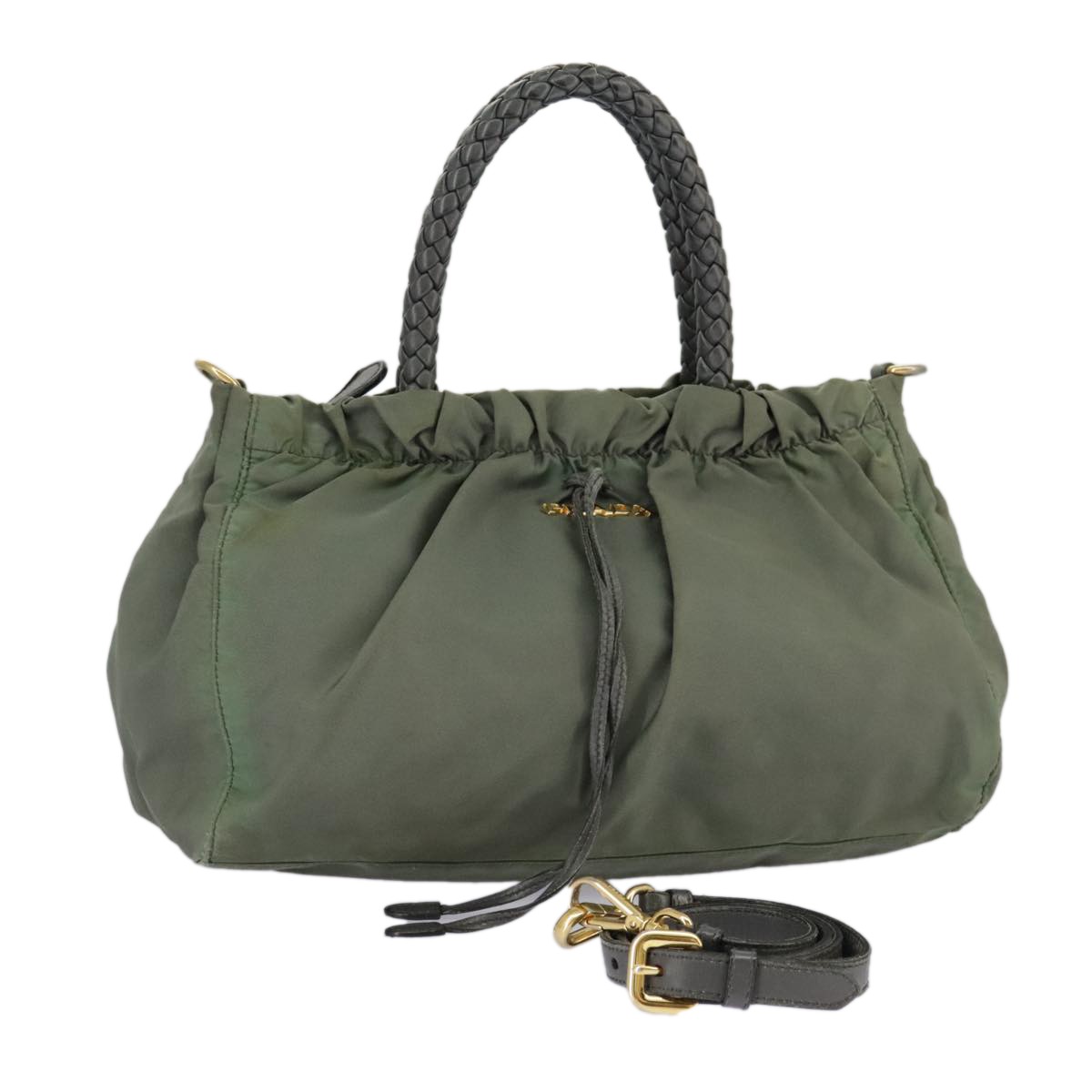 PRADA Nylon 2-Way Handbag in Green and Gold Auth 98383