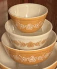PYREX Orange & White Floral Opaque Glass Mixing Bowl Set 3 Piece Round