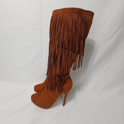 Michael Antonio Boots Fringed Knee-High Faux Suede Sz 6 Brown 4.5'' Heel Stiletto