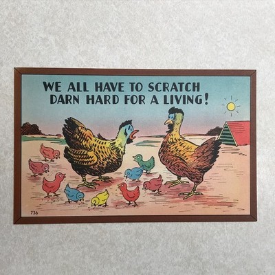H2291 Postcard Cartoon Two Hens, Chicks Have To Scratch Hard For A Living Humor