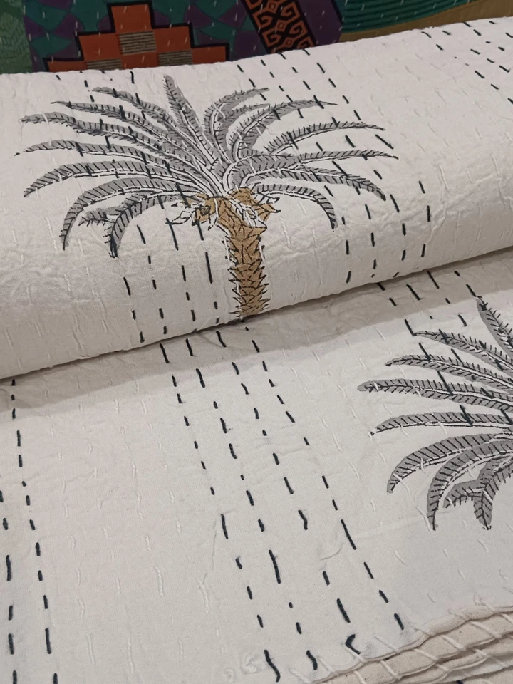 Colcha de algodón hecha a mano de palmera india kantha tiro king size arte Foto 3 de 4