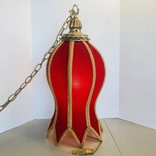 VTG Gothic Hollywood Red Velvet Gold Cord Hanging Swag Lamp MCM Light Pull Chain