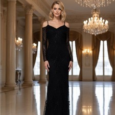 ATTITUDES BY DEBRA Elegant Black long sleeve hand, beaded gown Evening Gown
