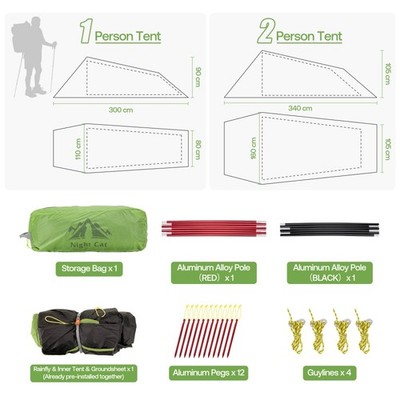 Night Cat 1 2 Person Tunnelzelt Zelt, Light Green Ultraleichtes Wasserdicht