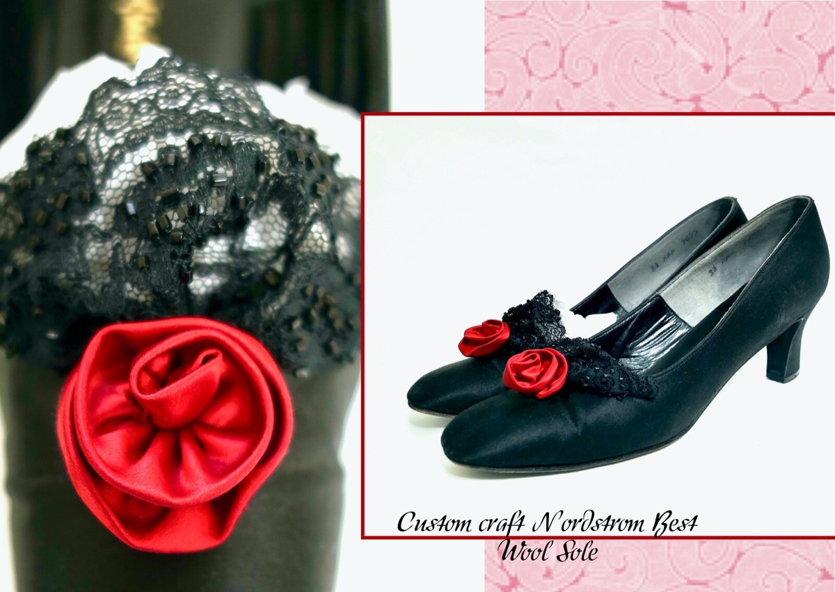Vintage 60s Mod Goth Silk Red Rose Black Bead Lace Heels Nordstrom AAA