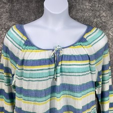 Chaps Denim Shirt Women 2X Striped Crinkle GauzeTassled Lagenlook Coastal Resort