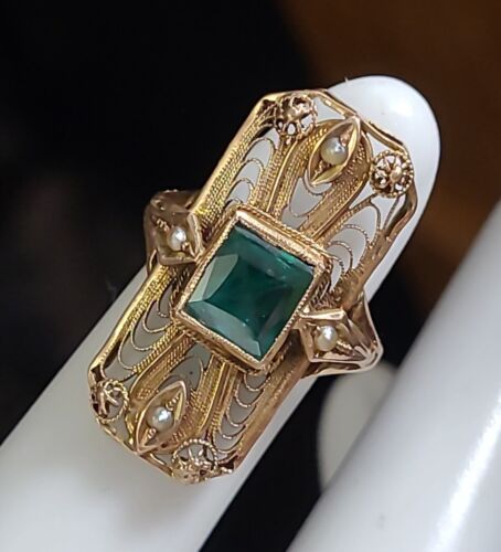 Antique 10k Yellow Gold Filled Emerald Pearl Ring Size 1 - Picture 1 of 13