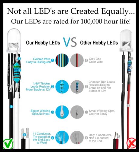 Hobby LED 8" Pre-Wired LEDs 3-12 Volt DC Pick COLOR + SIZE 1.8mm 3mm 5mm 10mm - Picture 2 of 15