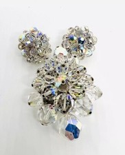 Faceted AB Crystal Cluster Beaded Brooch & Earrings Demi Vintage Jewelry