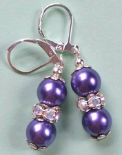 PURPLE GLASS PEARL  Crystal earring SP Leverback handcrafted