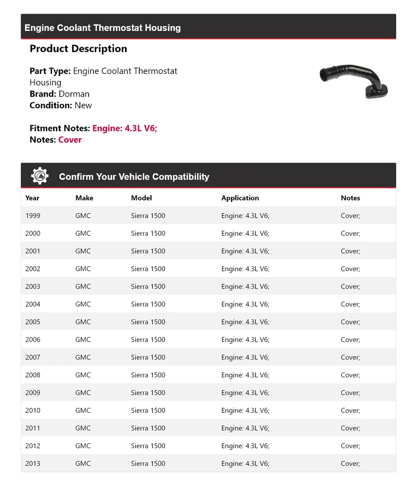 Carcasa termostato refrigerante motor Dorman V6 4,3 L GMC Sierra 1500 1999-2013 Foto 2 de 4