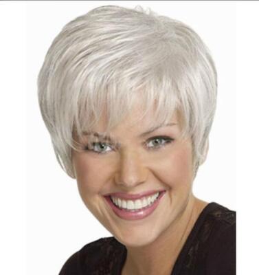 Short Straight Layered Cut Gray Mix Synthetic Hair Wigs Women Grandma Daily Use 