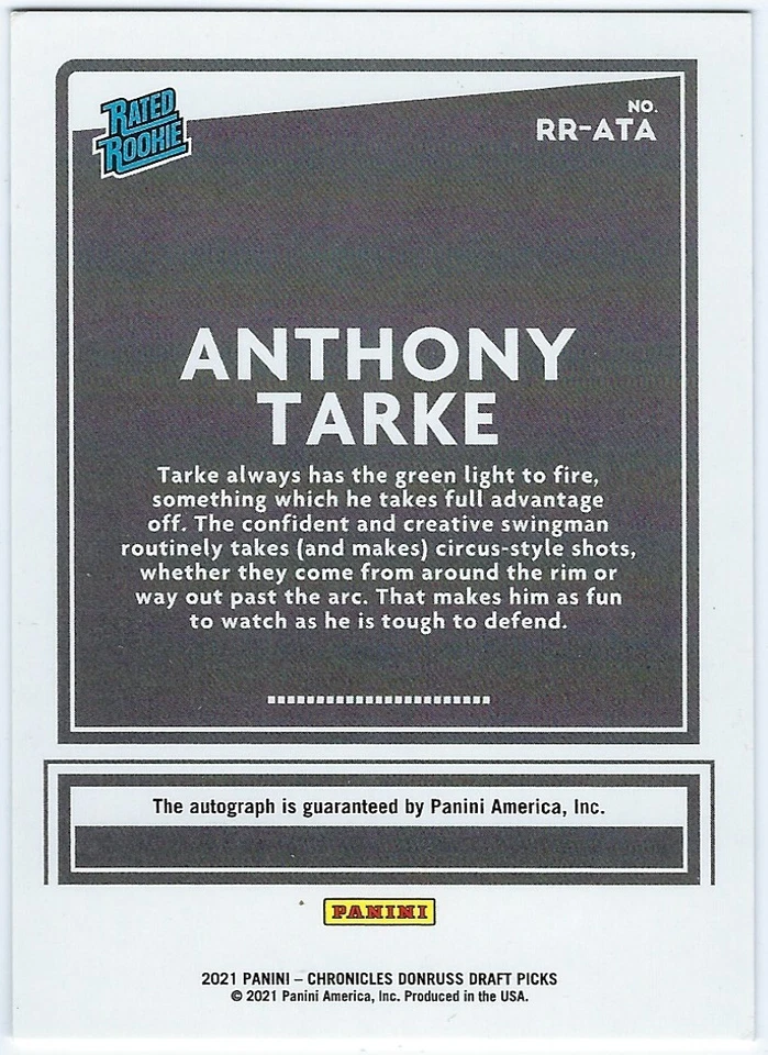 2021-22 Chronicles Draft Picks Donruss Rated Rookie  Anthony Tarke Auto - Image 2 of 2
