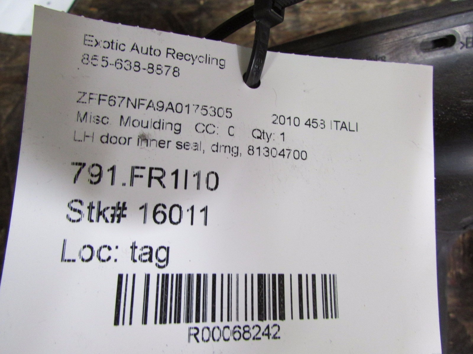 Ferrari 458 Italia, LH, Left Door Inner Gasket Seal Rubber, Used, P/N 81304700