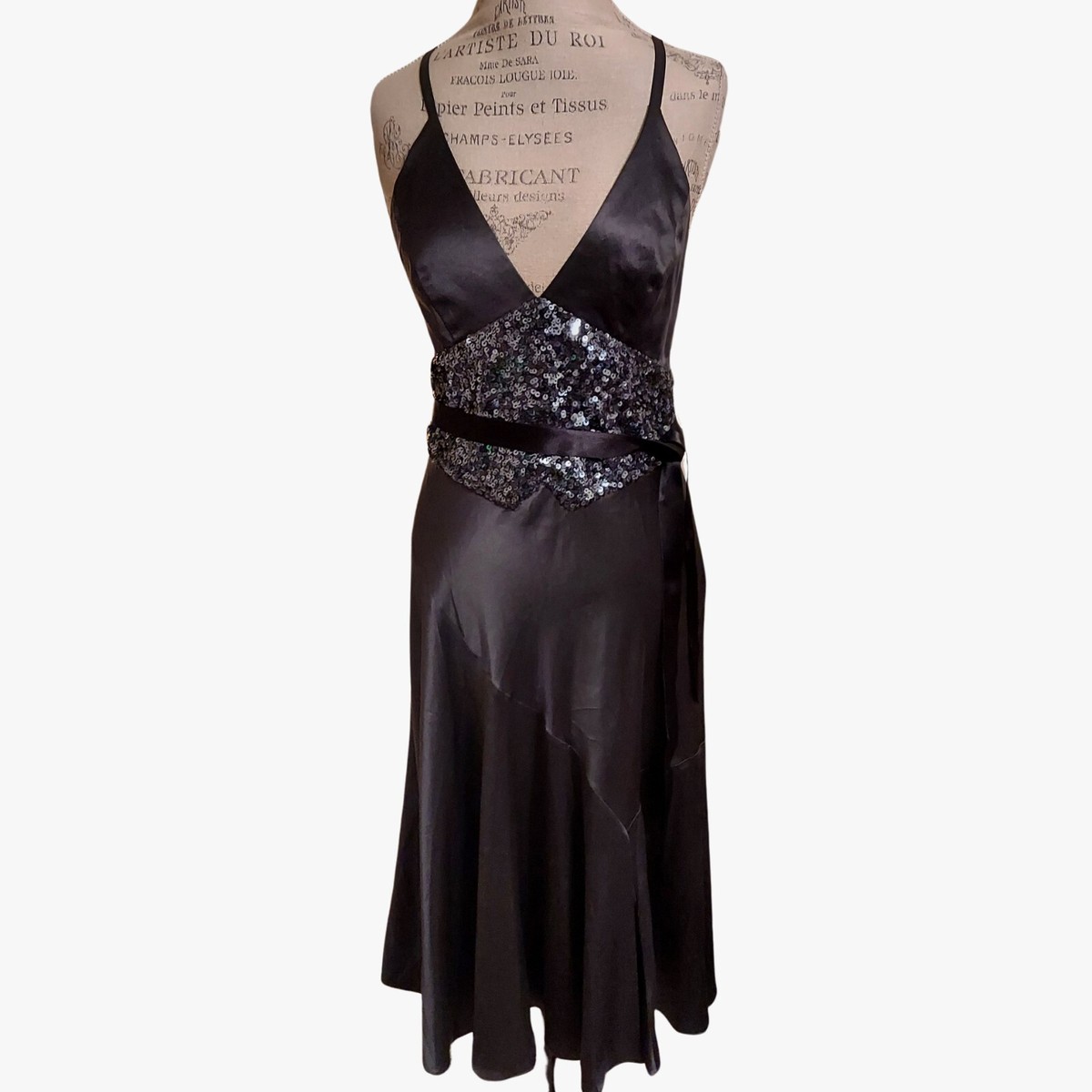 NWT BCBG MAXAZRIA Silk Satin Dk Gray Sequin Backless Dress SIZE 12 MSRP  $368.00