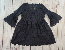 Express Black Bell Sleeve Scalloped Hem Eyelet Fit & Flare Dress Women's M
