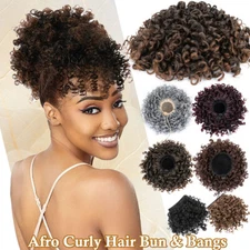 Afro Drawstring Ponytail Kinky Curly Synthetic Hair Bun Extension Chignon Bangs