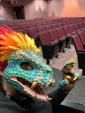 dino mask fursuit head moving jaw multicolor custom painted iridescent feathers