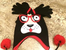 NWT CUTE CHILDS DOGGY WITH GLASSES WINTER FASHION HAT BEANIE GLOVE SET BLACK RED