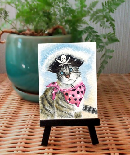 ACEO original; cat, "Lil' Scallowag", a Tabby Cat in Pirate Hat, size 2.5x3.5"